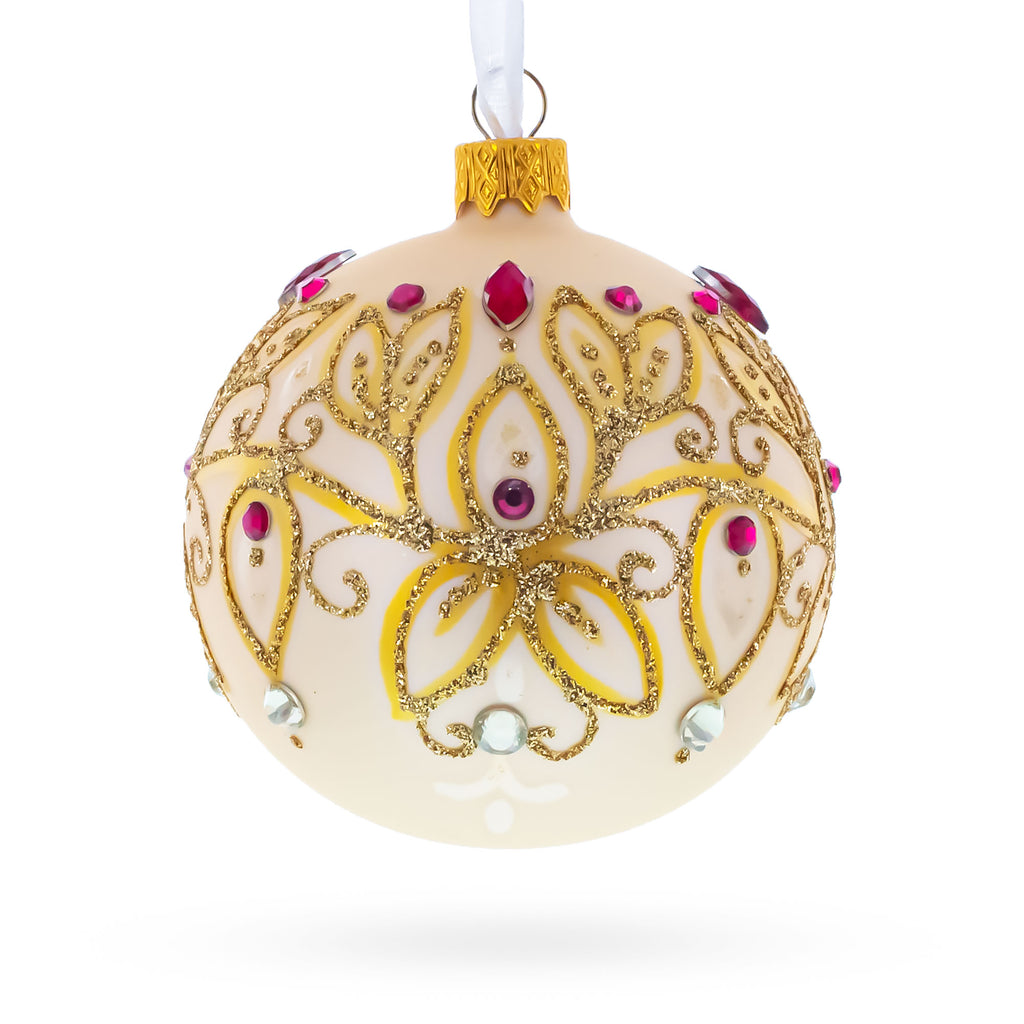 Gilded Golden Leaves Glass Ball Christmas Ornament 3.25 Inches in Beige color Round
