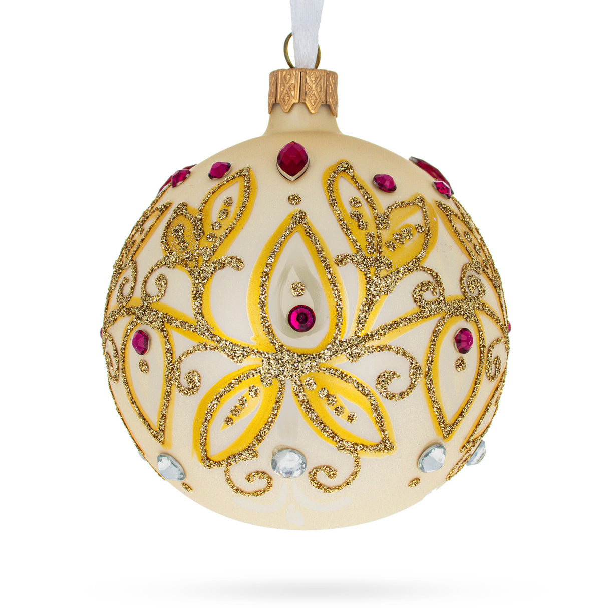 Autumn Radiance: Gilded Golden Leaves Blown Glass Ball Christmas Ornament 3.25 Inches in Gold color, Round shape