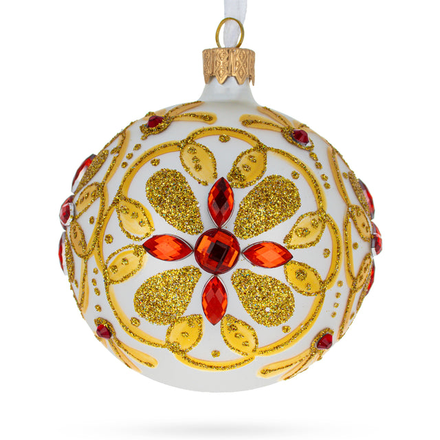 Starry Elegance: Sparkling Bejeweled Star Handcrafted Blown Glass Ball Christmas Ornament 3.25 Inches in Gold color, Round shape