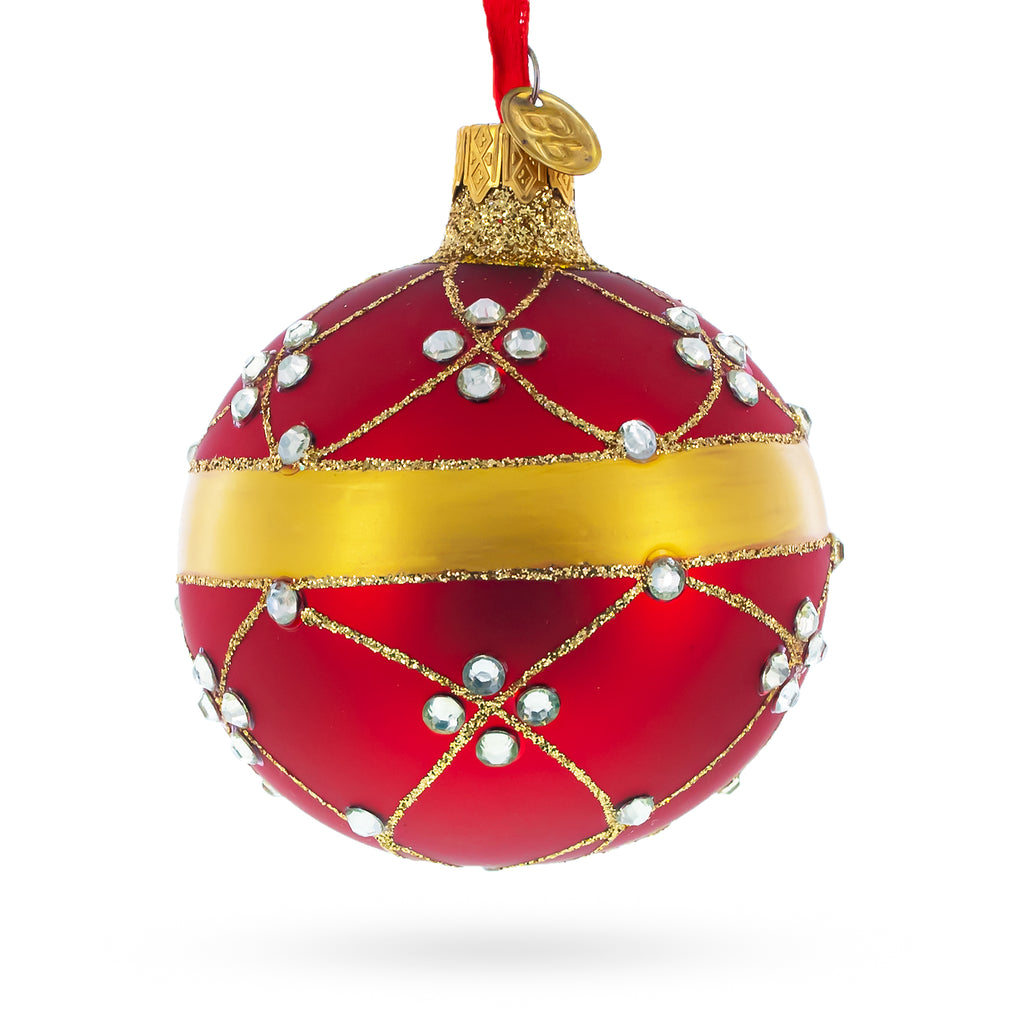 Diamond Trellis Pattern on Red Glass Ball Christmas Ornament 3.25 Inches in Red color Round