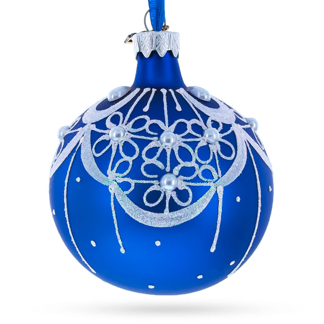 Serene Botanical: Delicate White Flowers Blossoming on a Tranquil Azure Blue Hand-Painted Blown Glass Ball Christmas Ornament 3.25 Inches in Blue color, Round shape