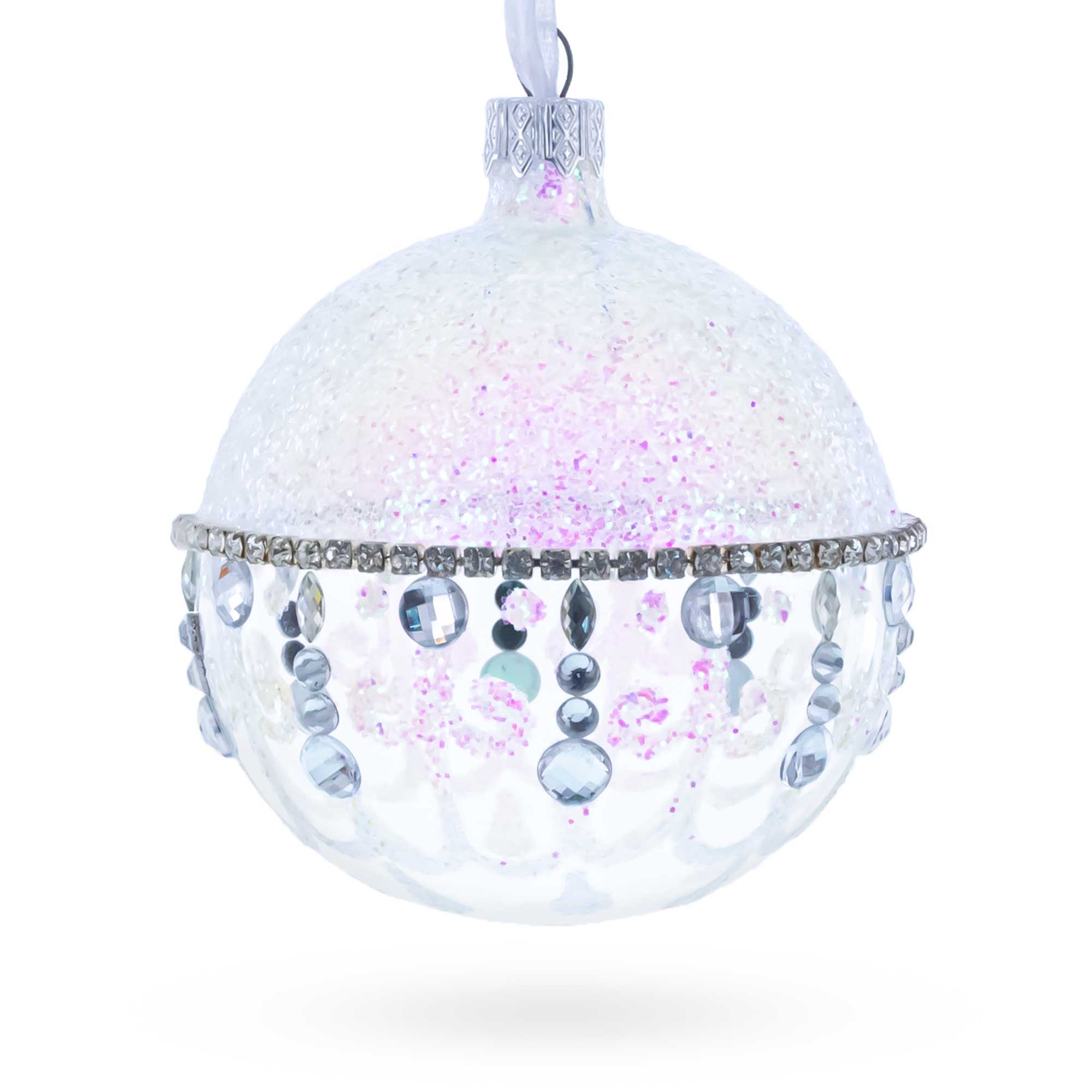 Diamond Chandelier on a Crystal Clear  Glass Ball Christmas Ornament 3.25 Inches in Clear color Round