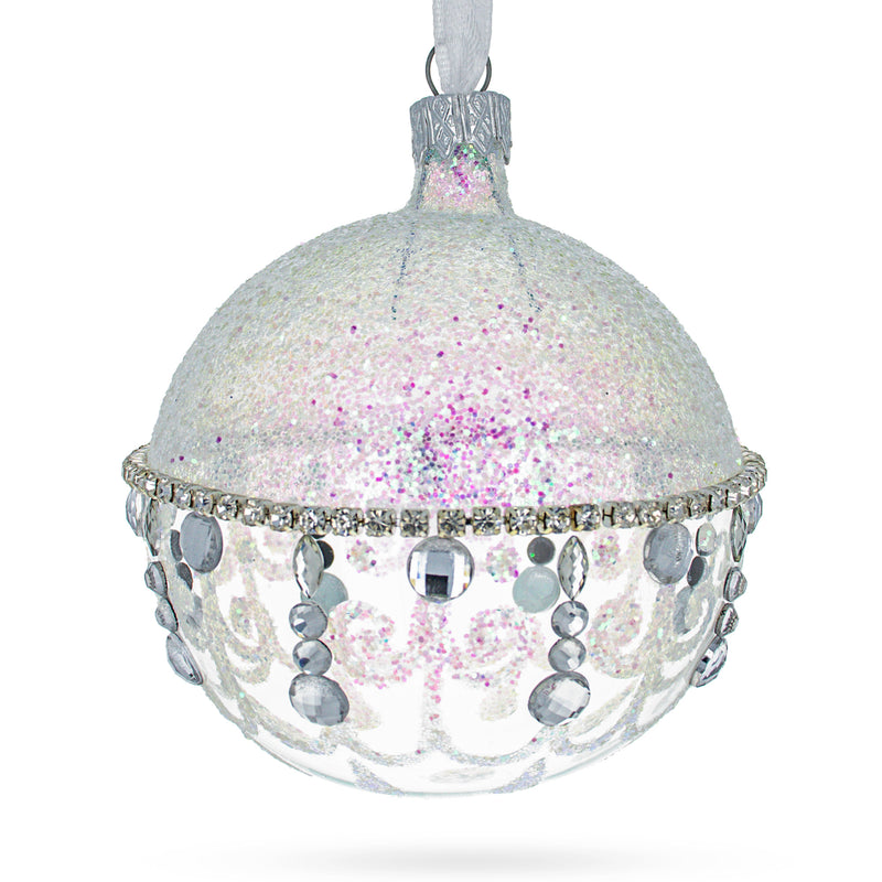 Luxe Luster: Glistening Diamond Chandelier Elegantly Depicted on a Crystal Clear Hand-Painted Blown Glass Ball Christmas Ornament 3.25 Inches in Clear color, Round shape