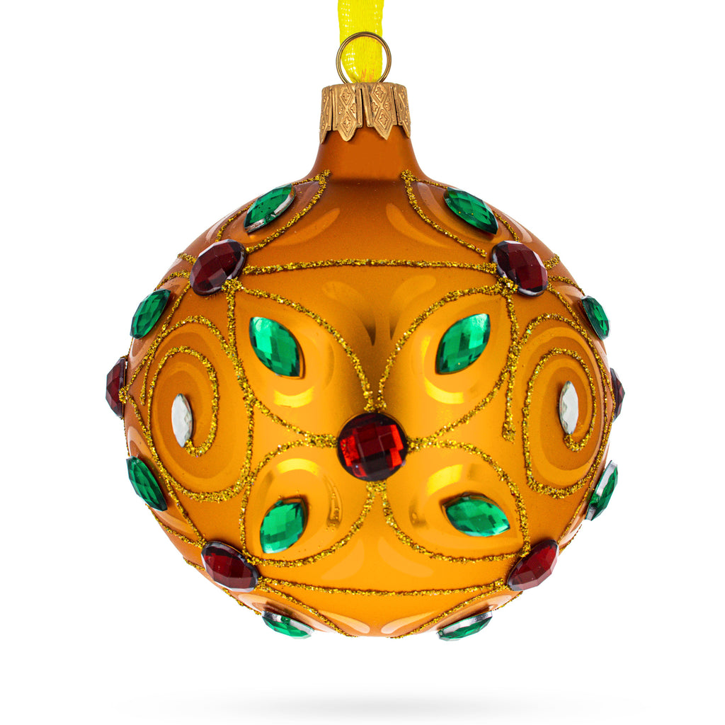 Glass Opulent Spectrum: Radiant Multicolored Jewels Adorned on a Gilded Hand-Painted Blown Glass Ball Christmas Ornament 3.25 Inches in Gold color Round