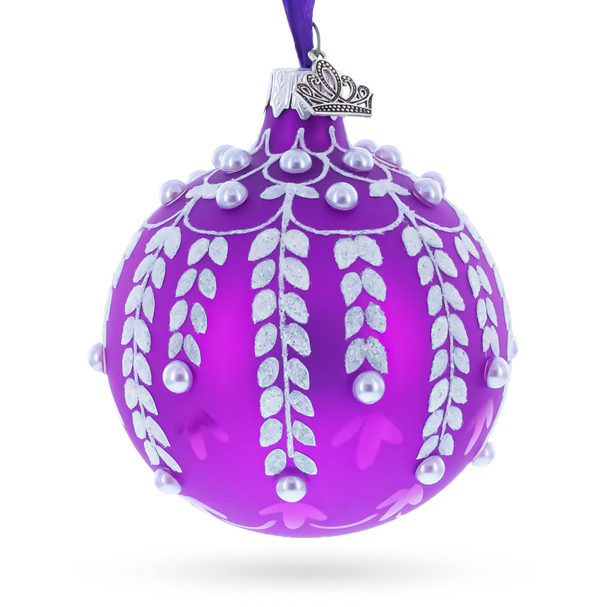 White Vines Entwined on a Lavender Dreamscape Glass Ball Christmas Ornament 3.25 Inches in Purple color Round