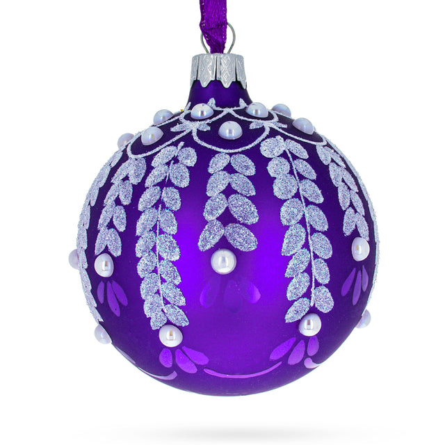 Ethereal Elegance: Delicate White Vines Entwined on a Lavender Dreamscape Hand-Painted Blown Glass Ball Christmas Ornament 3.25 Inches in Purple color, Round shape