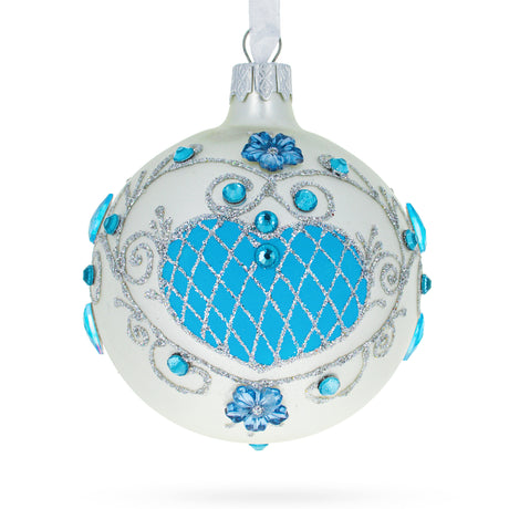 Glass Ocean Whispers: Lustrous Turquoise Blown Glass Ball Christmas Ornament 3.25 Inches in Blue color Round
