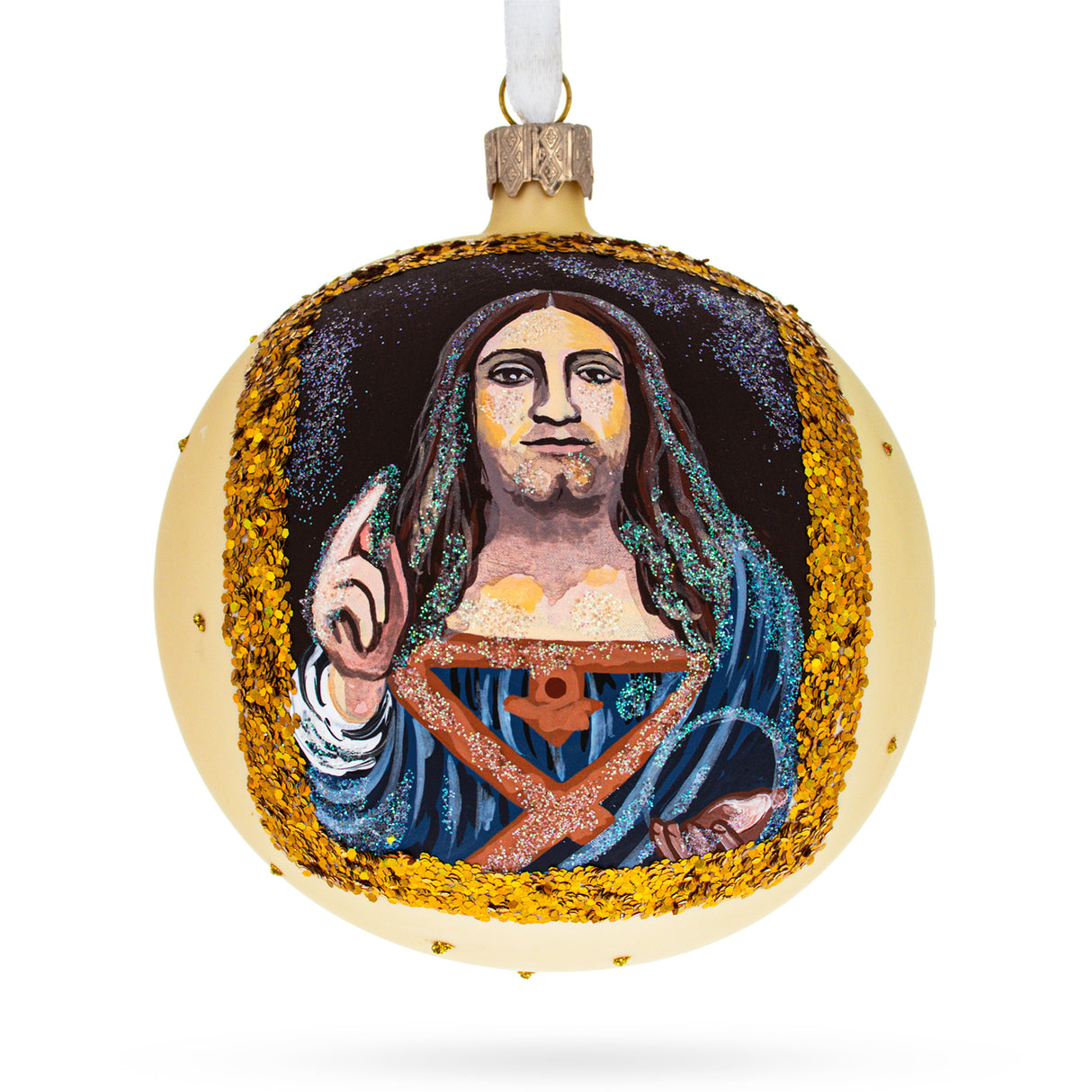 1500 'Salvator Mundi' Masterpiece by Leonardo da Vinci Blown Glass Ball Christmas Ornament 4 Inches in Multi color, Round shape