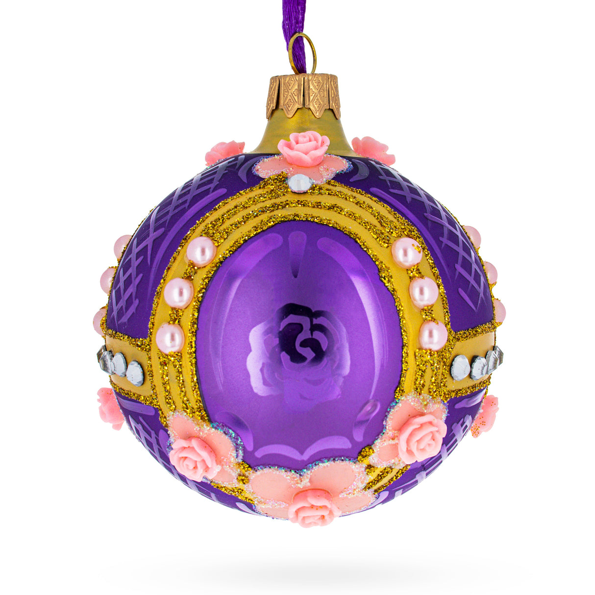 Milan Designer Luxury Earrings on Purple Blown Glass Ball Christmas Ornament 3.25 Inches in Purple color, Round shape