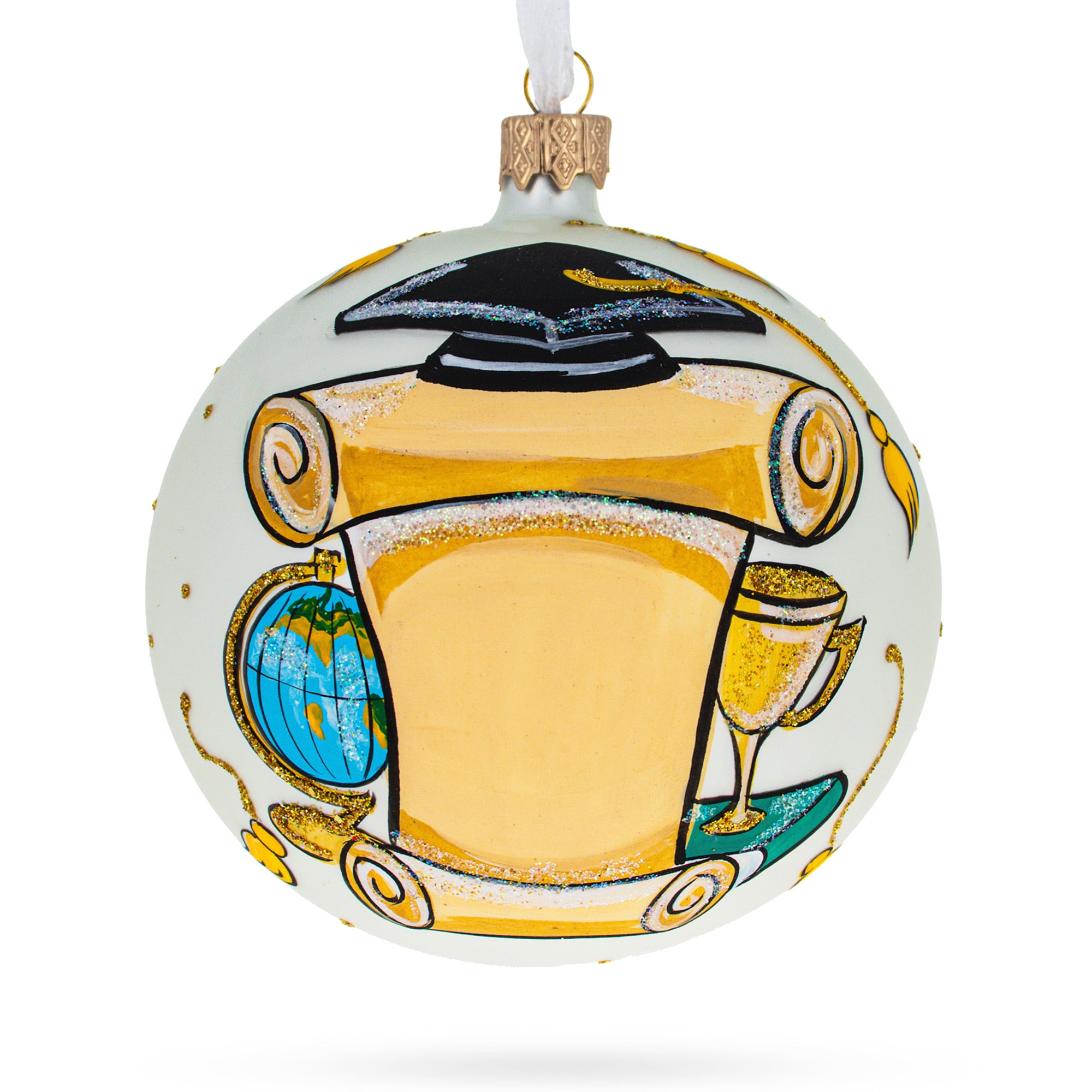 Cap and Tassel Commemorative Glass Ball Christmas Ornament 4 Inches. in Multi color Round