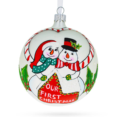 Snowmen Celebrating 'Our First Christmas' Glass Ball Christmas Ornament 4 Inches in Multi color Round