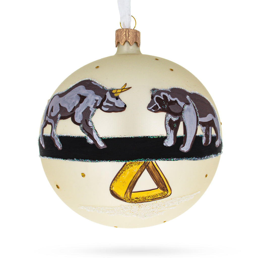 Bear vs. Bull Blown Glass Ball Christmas Ornament 4 Inches in Multi color, Round shape