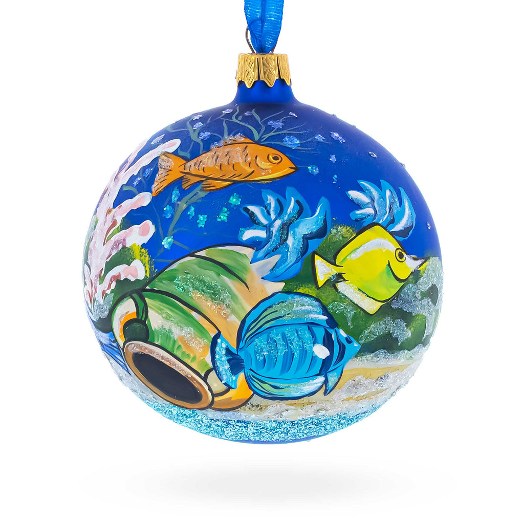 Tropical Aquarium Glass Ball Christmas Ornament 4 Inches in Blue color Round