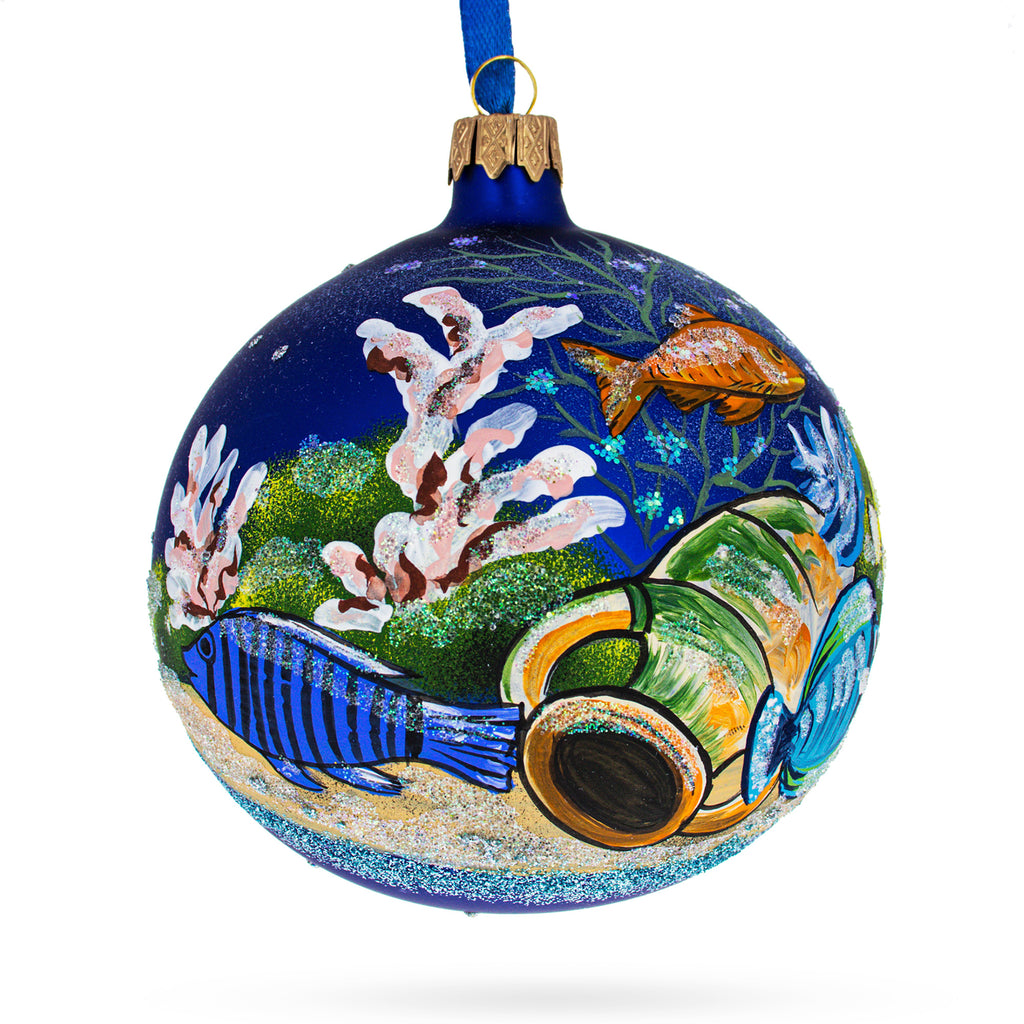 Glass Tropical Aquarium Ensemble Blown Glass Ball Christmas Ornament 4 Inches in Blue color Round