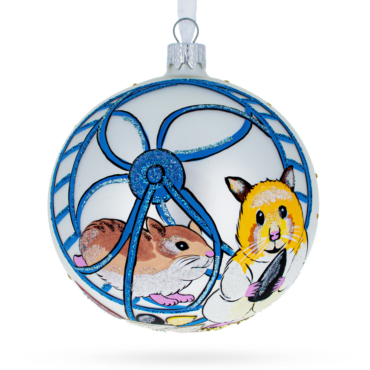Glass Whimsical Hamster Haven Blown Glass Ball Christmas Ornament 4 Inches in Multi color Round
