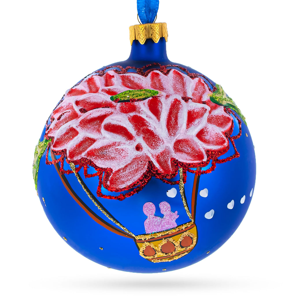 Romantic Hot Air Balloon Design Glass Ball Christmas Ornament 4 Inches in Red color Round