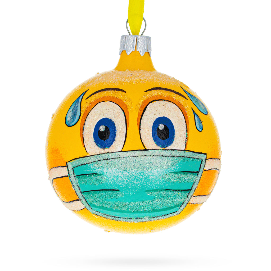 Facial Expressions in Mask Glass Ball Christmas Ornament 3.25 Inches in Yellow color Round