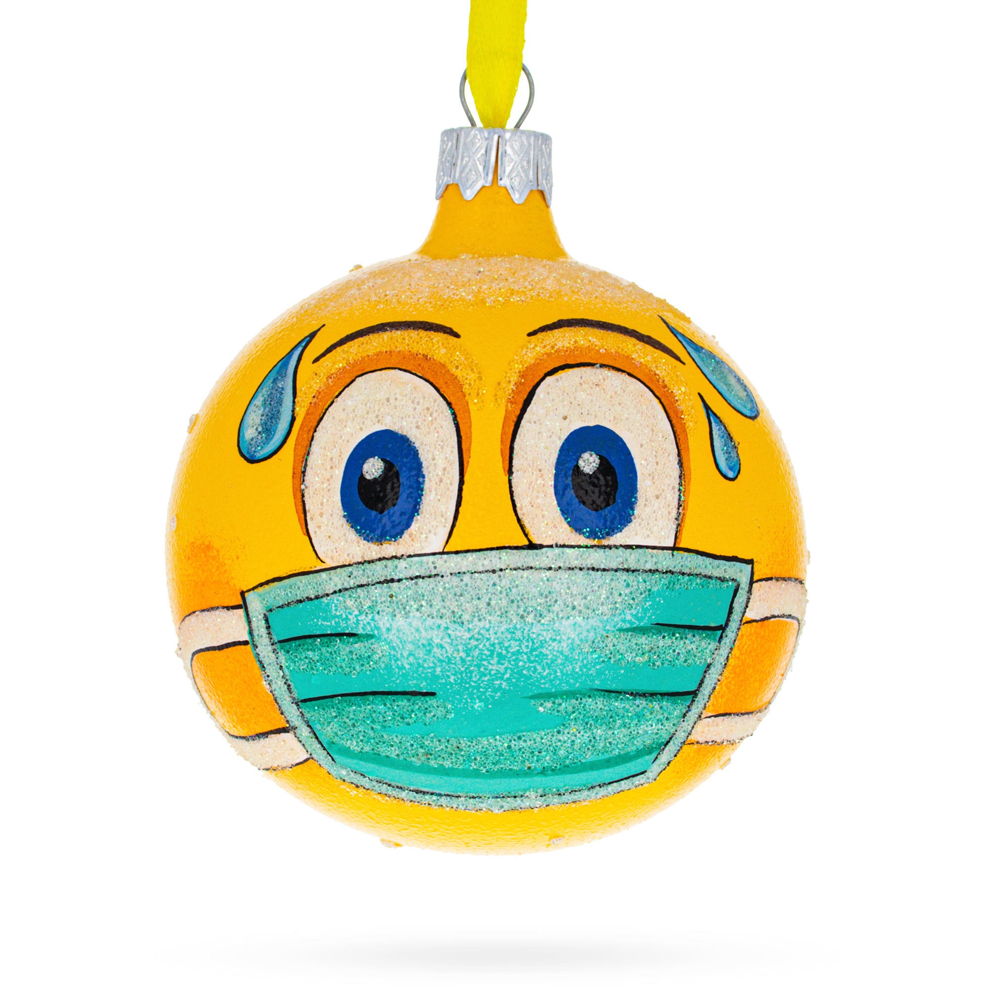 Facial Expressions in Mask Glass Ball Christmas Ornament 3.25 Inches in Yellow color Round