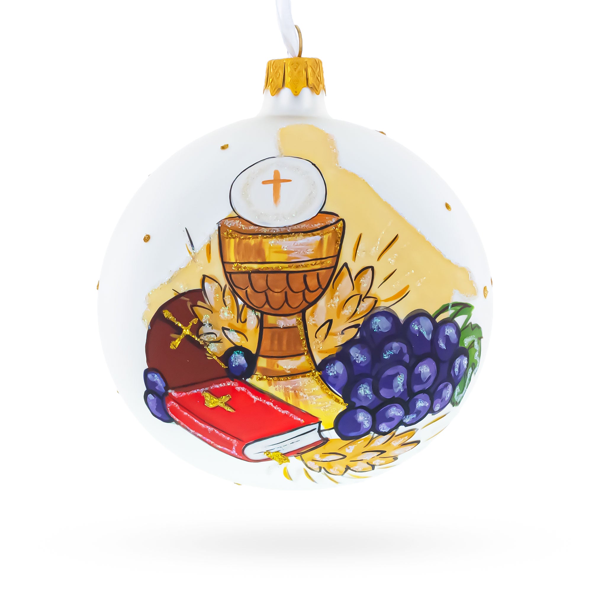 First Communion on White Glass Ball Christmas Ornament 4 Inches in Multi color Round