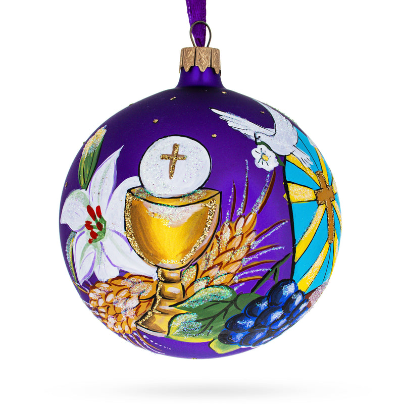 Sacred Rite: First Communion on Purple Blown Glass Ball Christmas Ornament 4 Inches in Purple color, Round shape