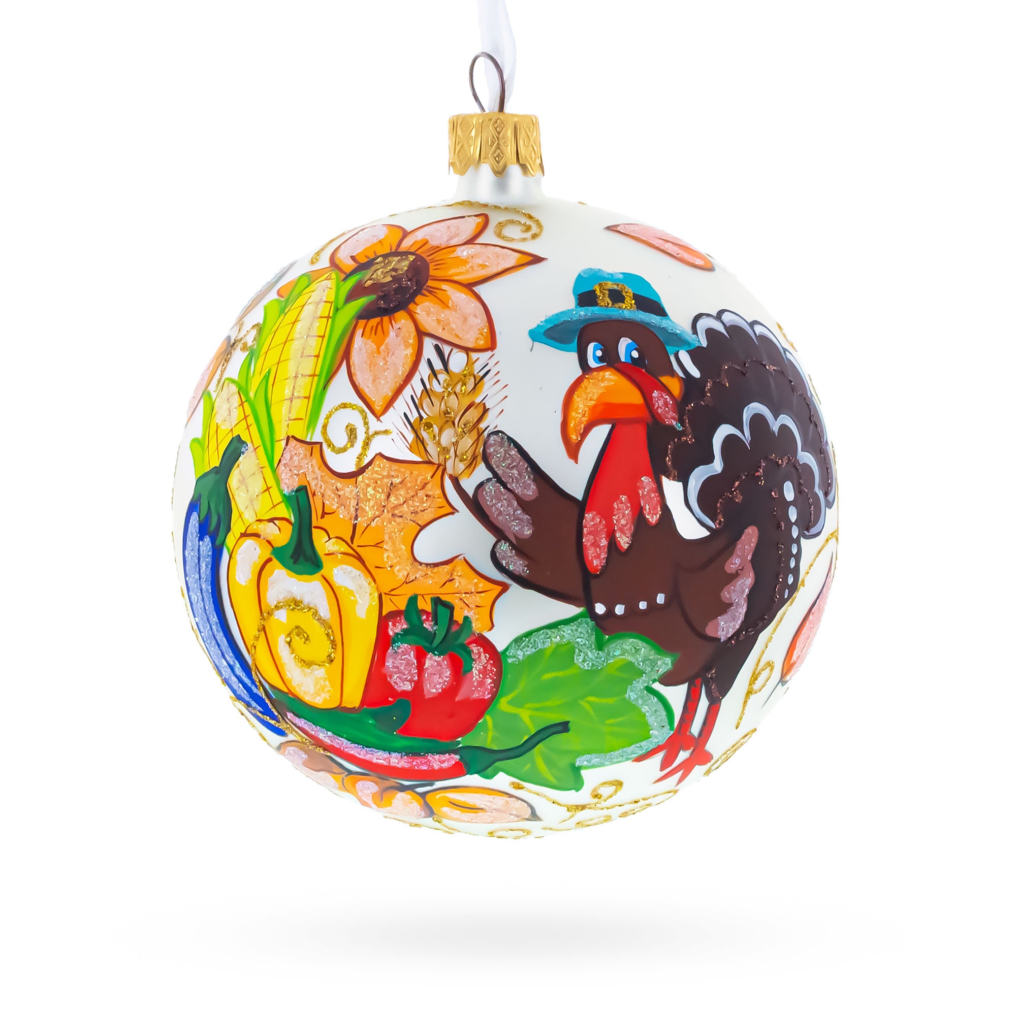 Turkey in Hat Thanksgiving Glass Ball Christmas Ornaments 4 Inches in Multi color Round