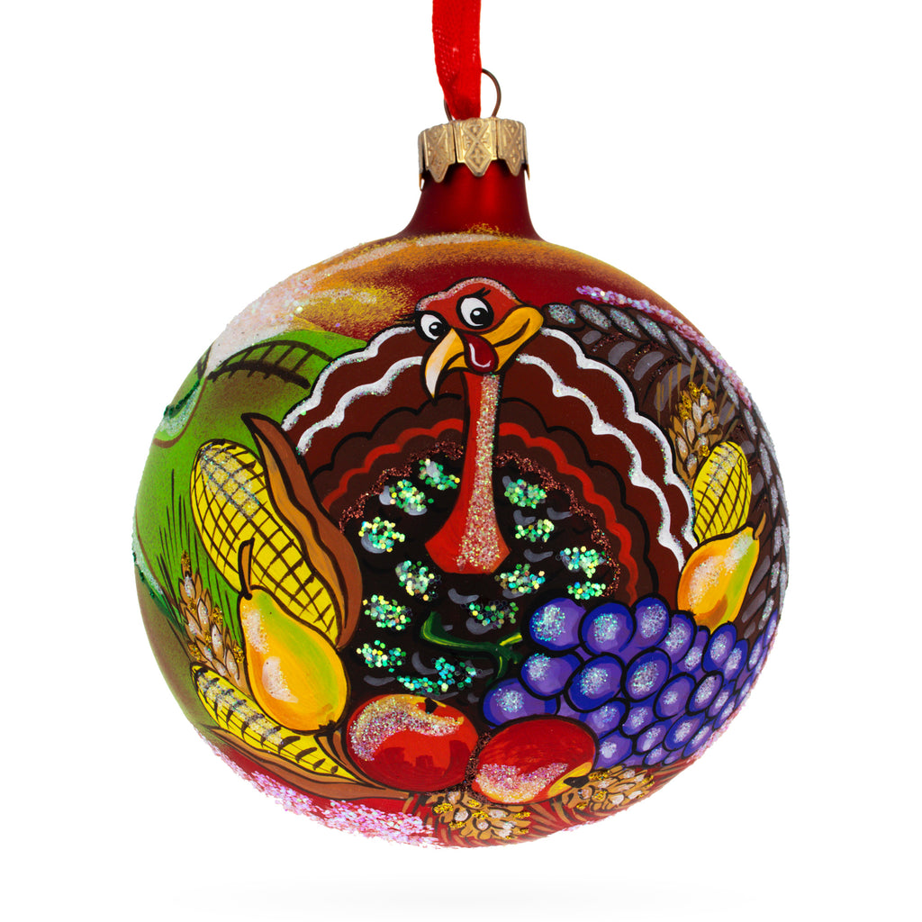 Glass Harvest Feast: Turkey on the Field Thanksgiving Glass Ball Christmas Ornaments 4 Inches in Multi color Round