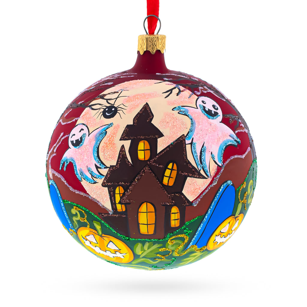 Glass Spectral Spooks: Ghosts and Haunted House Blown Glass Ball Halloween Ornament 4 Inches in Multi color Round