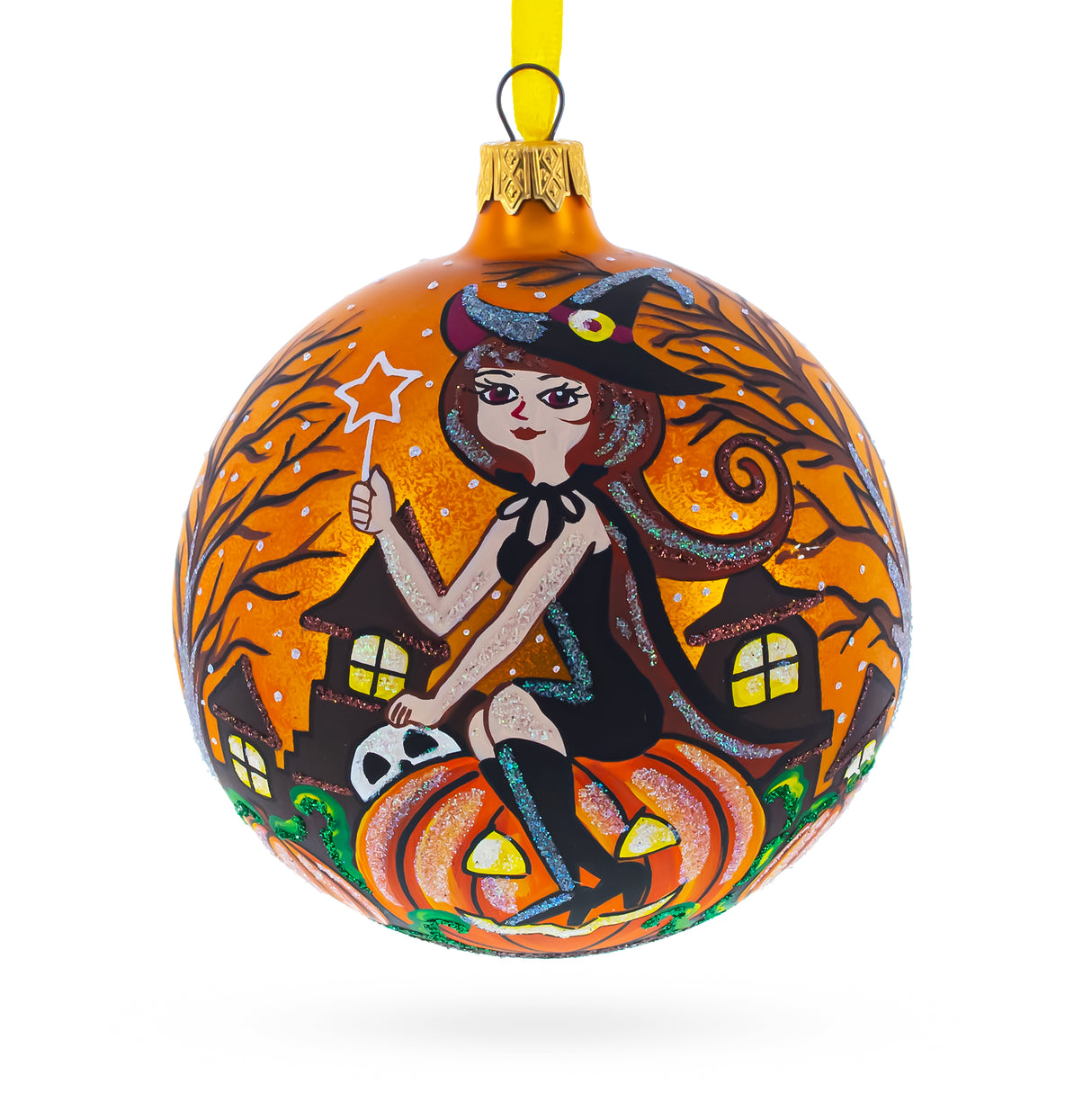 Glass Enchanting Witch Riding Pumpkin Glass Ball Halloween Ornament 4 Inches in Orange color Round