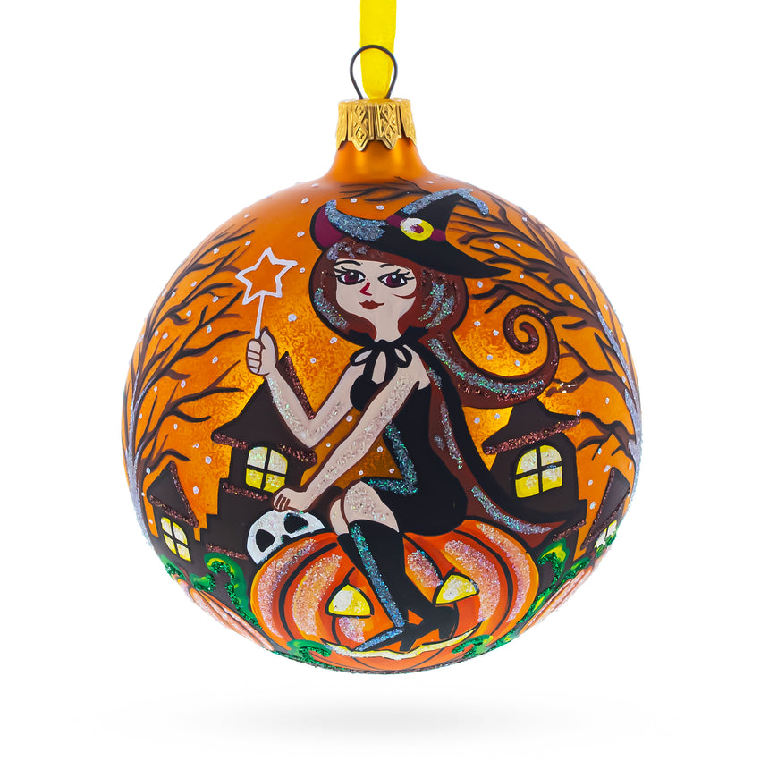 Enchanting Witch Riding Pumpkin Glass Ball Halloween Ornament 4 Inches in  color Round