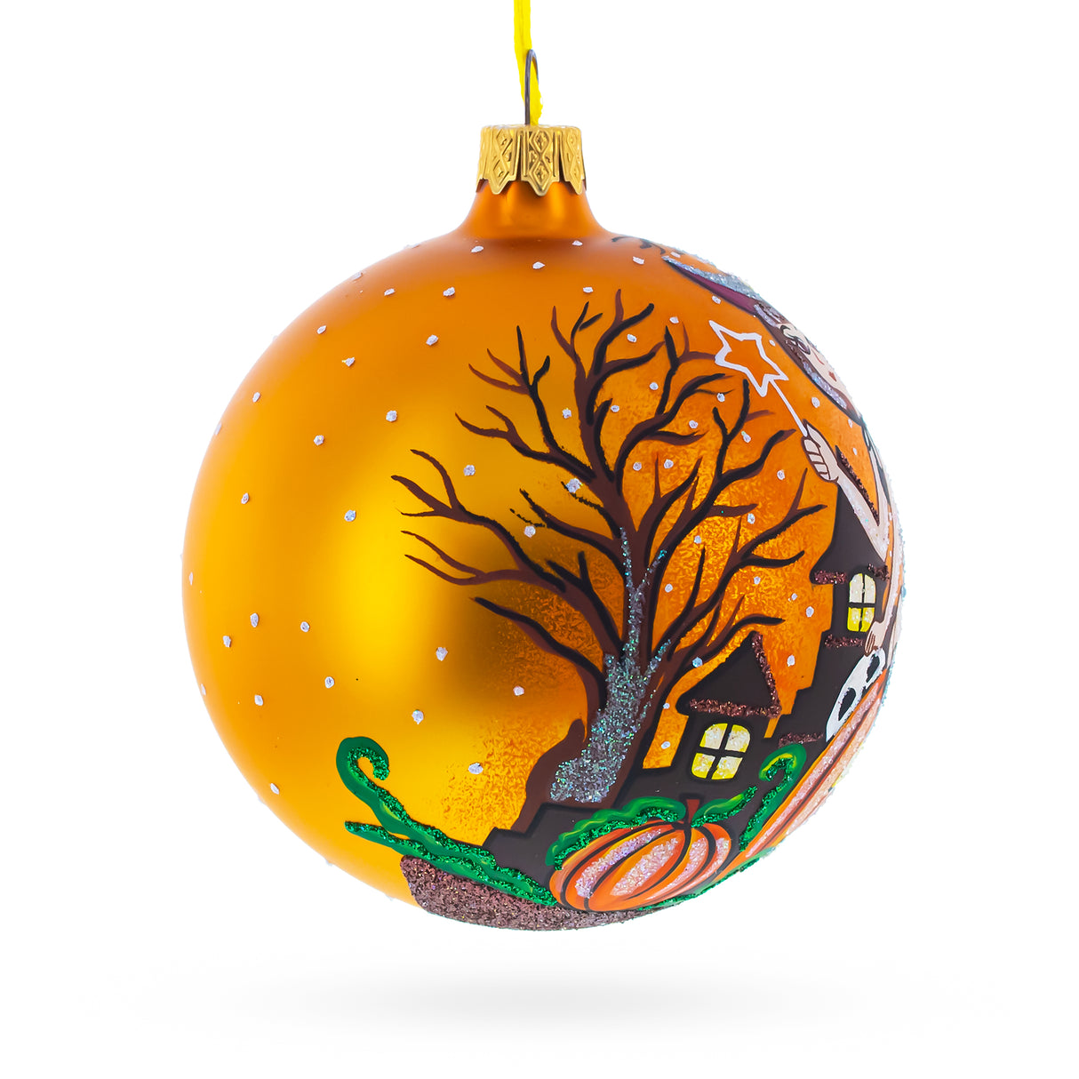 Enchanting Witch Riding Pumpkin Glass Ball Halloween Ornament 4 InchesUkraine ,dimensions in inches: 4 x 4 x 4
