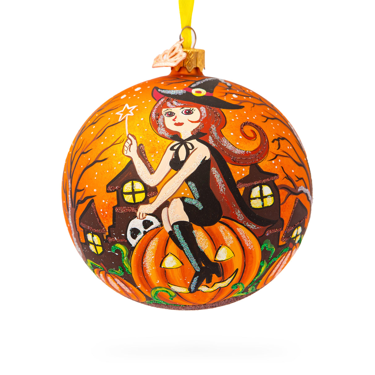 Enchanting Witch Riding Pumpkin Glass Ball Halloween Ornament 4 Inches in Orange color, Round shape