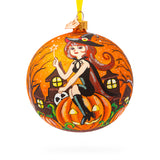 Enchanting Witch Riding Pumpkin Glass Ball Halloween Ornament 4 Inches in Orange color, Round shape