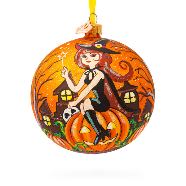 Enchanting Witch Riding Pumpkin Glass Ball Halloween Ornament 4 Inches by BestPysanky