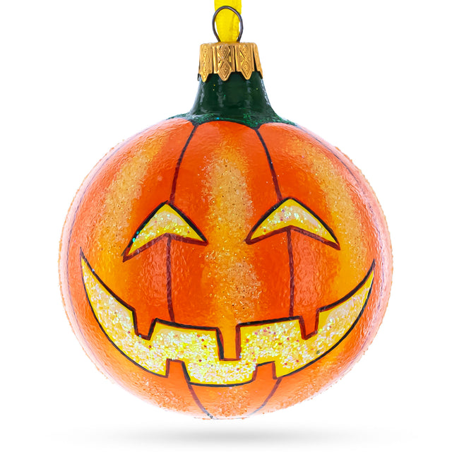 Glass Glowing Spirit: Jack-o'-lantern Glass Ball Halloween Ornament 3.25 Inches in Orange color Round