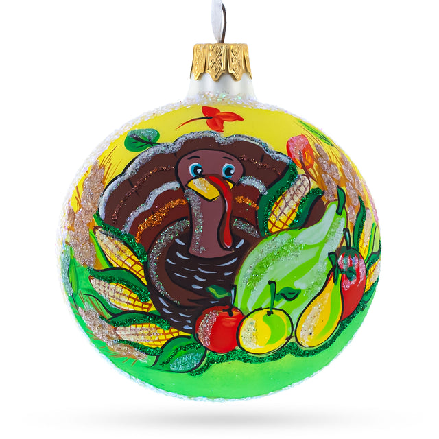 Bountiful Feast: Turkey and Veggies Blown Glass Ball Christmas Ornament 3.25 Inches in Multi color, Round shape
