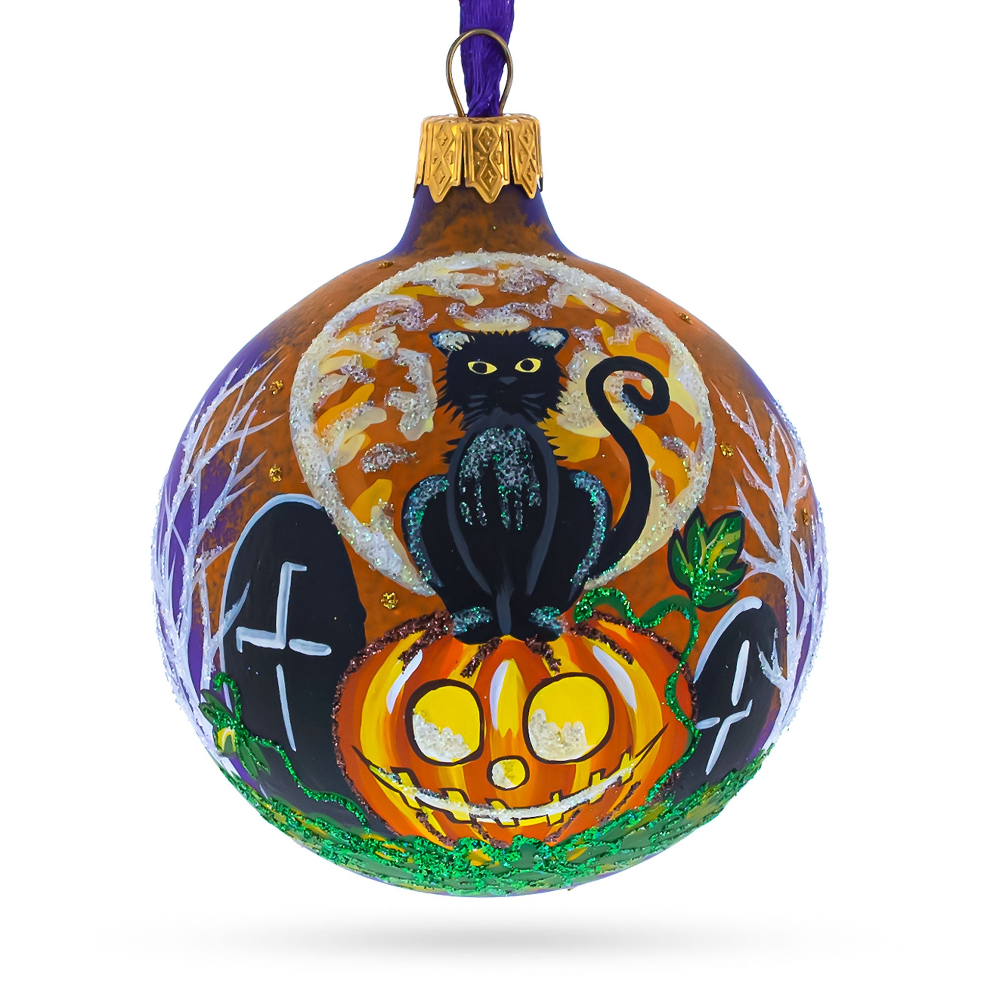 Full Moon with Black Cat and Jack-O’-Lantern Glass Ball Ornament 3.25 Inches in Multi color Round