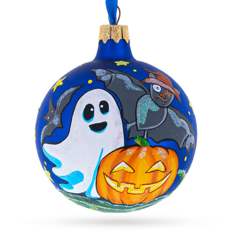 Specter and Bat: Ghost and Bat Blown Glass Ball Halloween Ornament 3.25 Inches in Multi color, Round shape