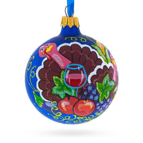 Glass Thanksgiving Feast: Turkey and Thanksgiving Party Blown Glass Ball Christmas Ornaments 3.25 Inches in Blue color Round