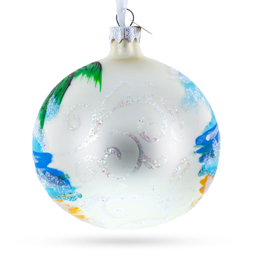 Santa Hat Relaxing at Beach Glass Ball Christmas Ornament 4 InchesUkraine , dimensions in inches: 4 x 4 x 4