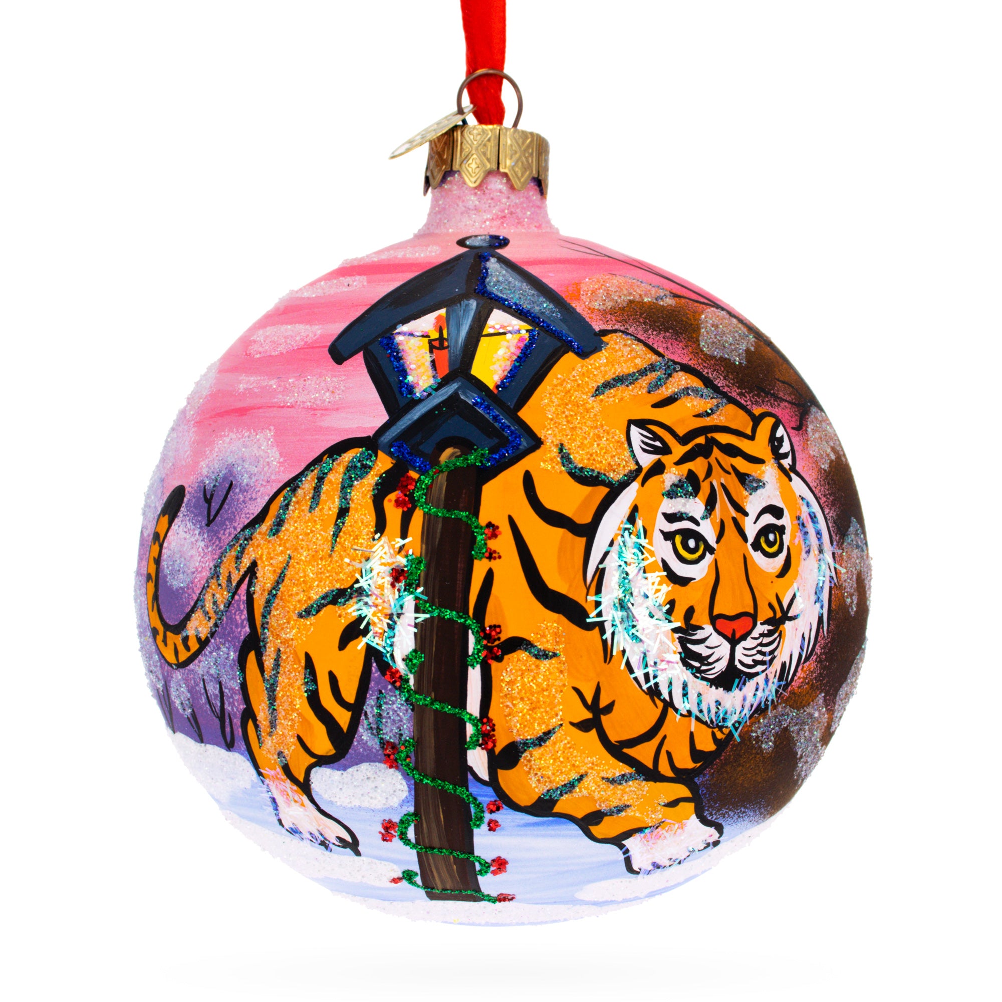 Tiger in the Snow Glass Ball Christmas Ornament 4 Inches in Multi color Round