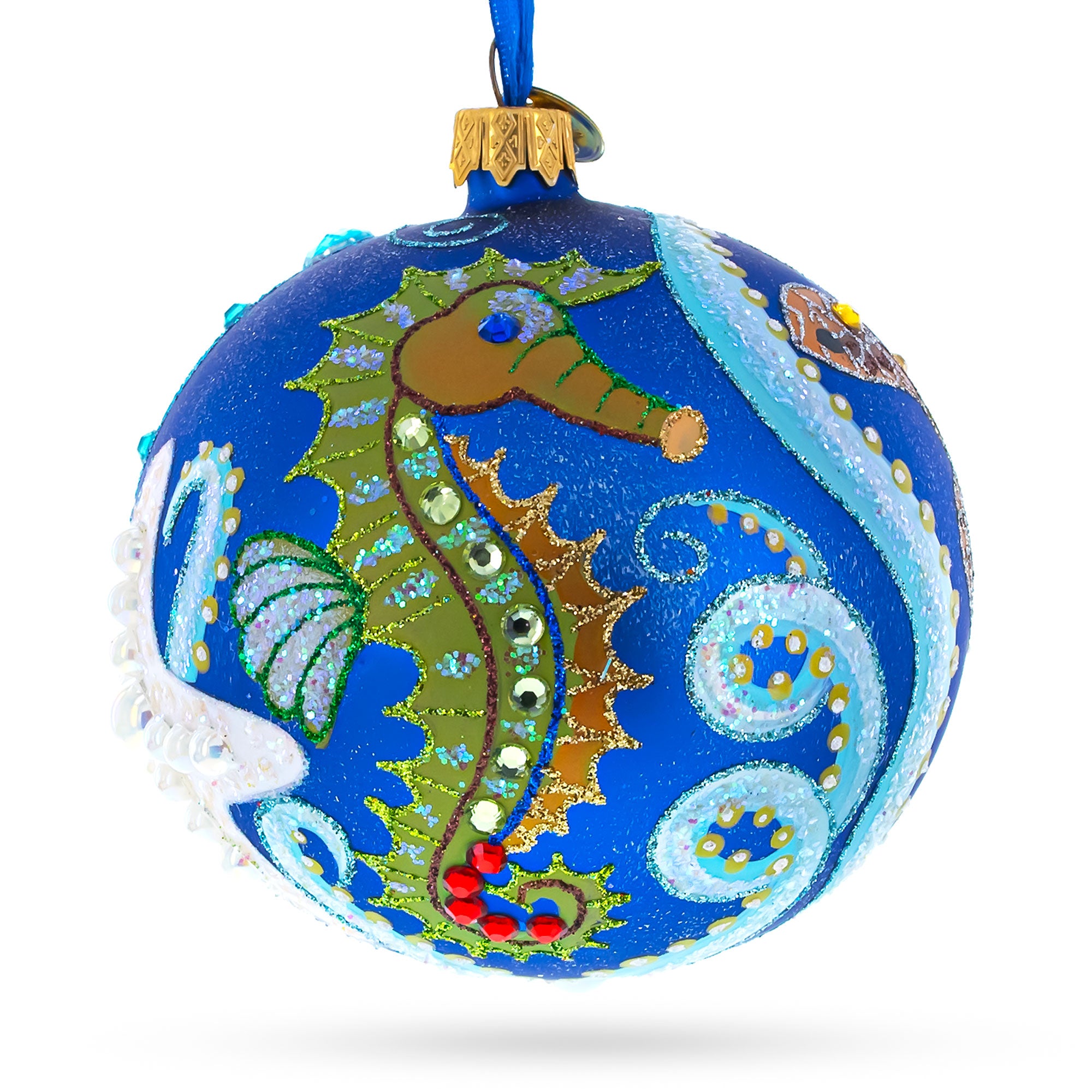 Sea Horse Glass Ball Christmas Ornament,4 Inches in Blue color Round