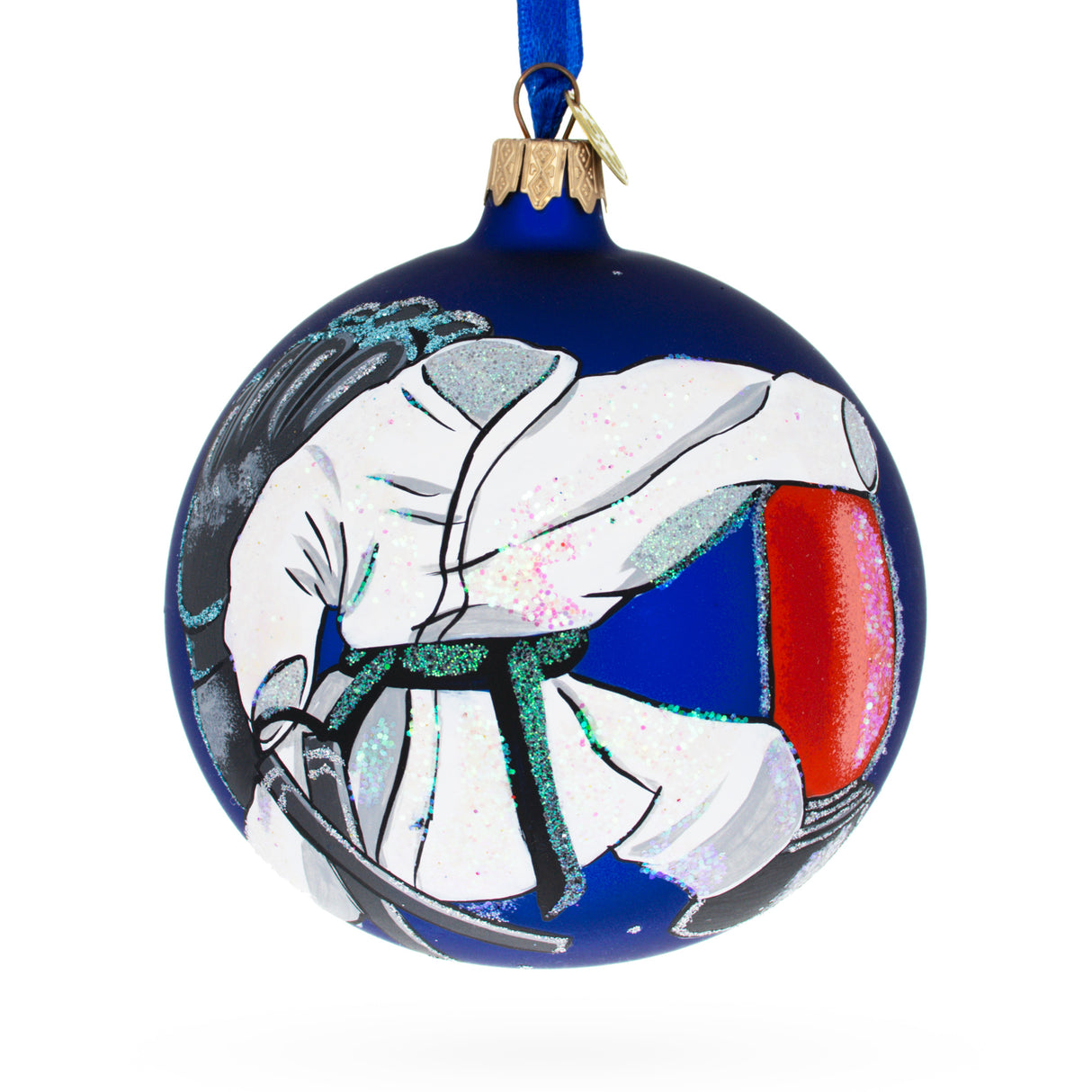 Glass Masterful Martial Arts: Martial Arts Blown Glass Ball Christmas Ornament 4 Inches in Blue color Round