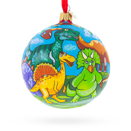 Dinosaurs in Jungles Glass Ball Christmas Ornament 4 Inches in Multi color Round