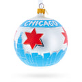 Chicago Cityscape and Flag Glass Ball Christmas Ornament 4 Inches in Blue color Round