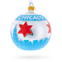 Chicago Cityscape and Flag Glass Ball Christmas Ornament 4 Inches in Blue color Round