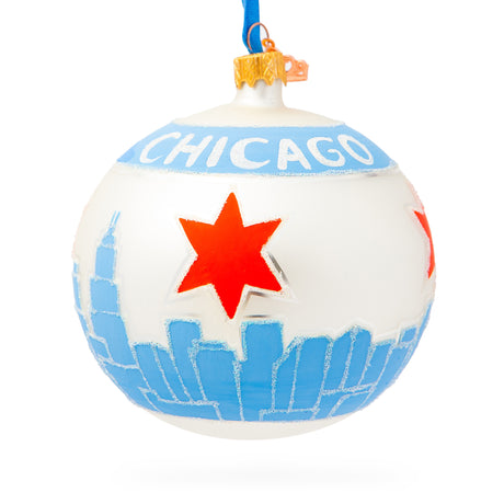 Chicago Cityscape and Flag Glass Ball Christmas Ornament 4 Inches in Blue color, Round shape