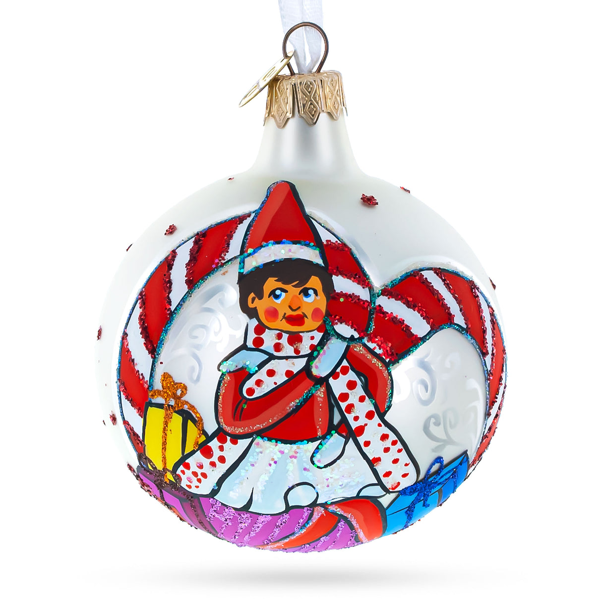 Elfin Delights: Elf and Candy Canes Blown Glass Ball Christmas Ornaments 3.25 Inches in Multi color, Round shape