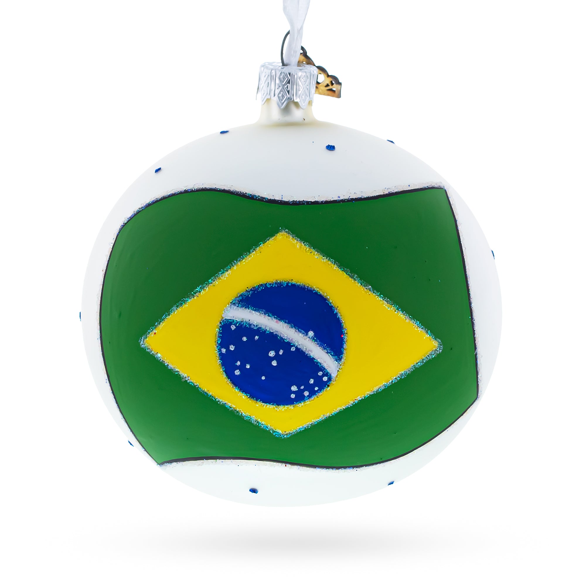 Flag of Brazil Glass Ball Christmas Ornament 4 Inches in Green color Round
