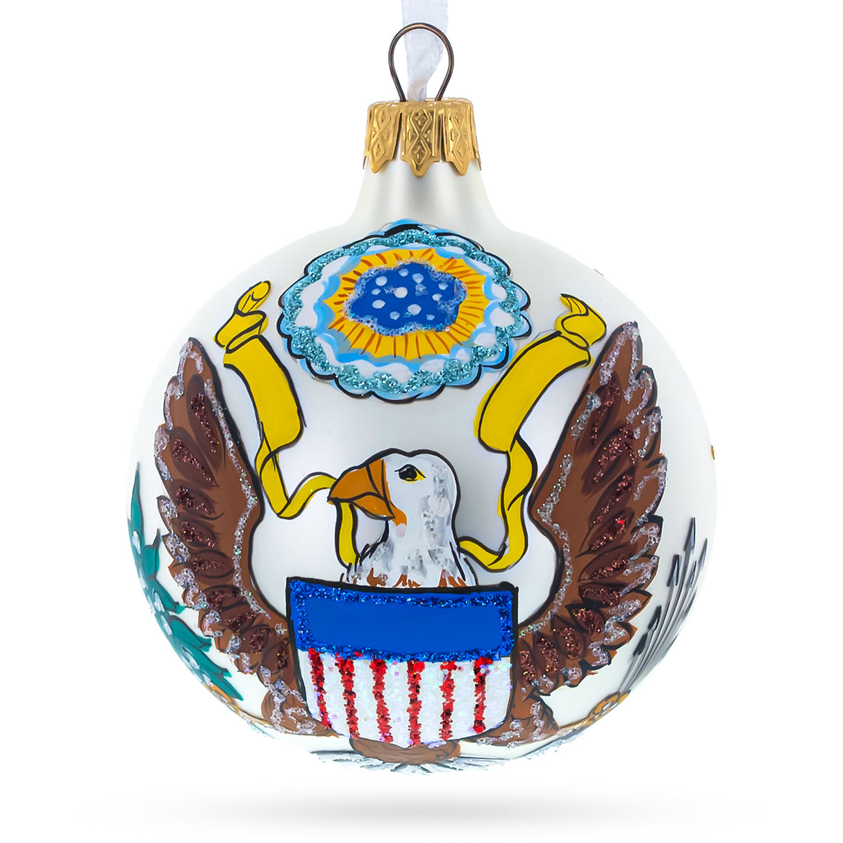 Patriotic Elegance: USA Coat of Arms Blown Glass Ball Christmas Ornament 3.25 Inches in Multi color, Round shape