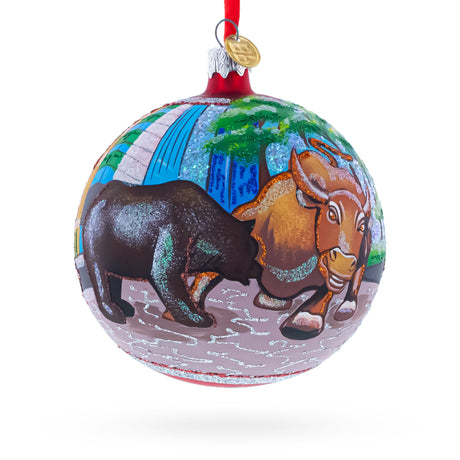 Bear and Bull on Wall Street Glass Ball Christmas Ornament 4 Inches in Multi color Round